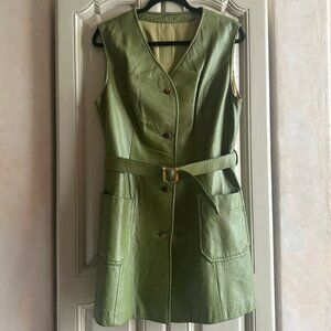 Vintage Green Sleeveless Leather Dress with Belt